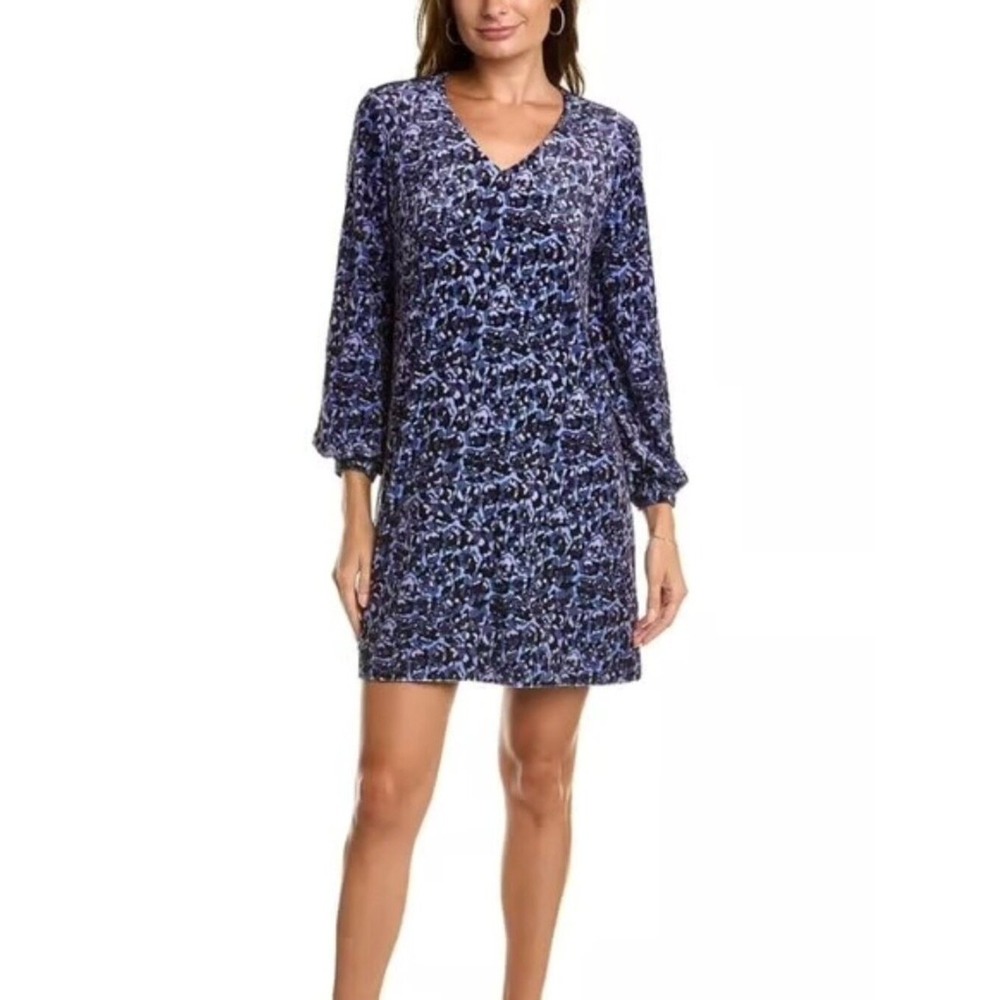 Tyler Boe Sz S Purple Blue Marbled Midi Shift Dress V Neck Back Zip Pullover